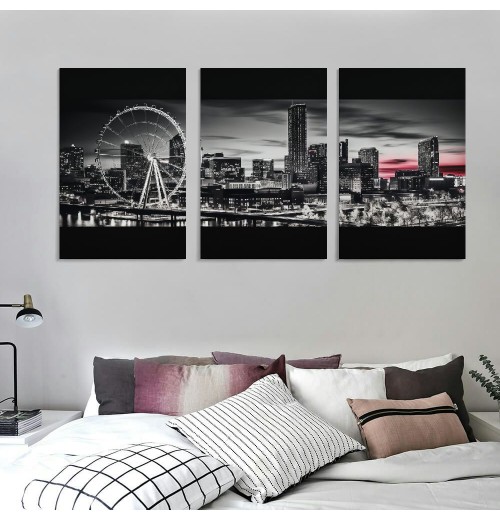 Ulloord Citysacape Canvas Decor Black and White City Picture Artwork for Living Room Bedroom Office Home Decorations Building Panoramic Painting 