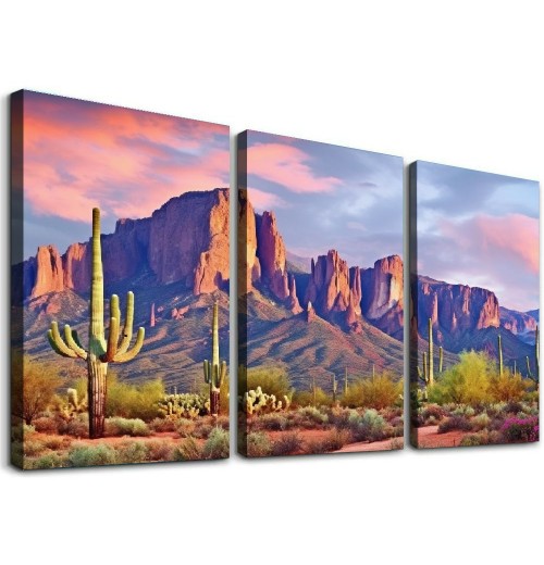  Colorfull Sunset with Superstition Mountains wall art Sonoran Desert Picture Saguaros Landscape Canvas Wall Art Gallery Wrapped Botanical Cactus in Picture Print on Canvas for Living Room