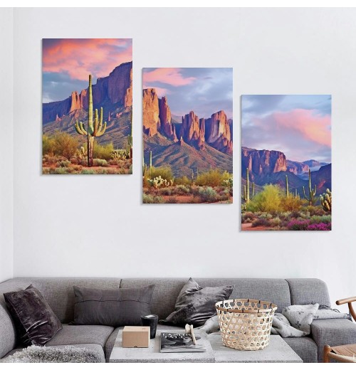  Colorfull Sunset with Superstition Mountains wall art Sonoran Desert Picture Saguaros Landscape Canvas Wall Art Gallery Wrapped Botanical Cactus in Picture Print on Canvas for Living Room