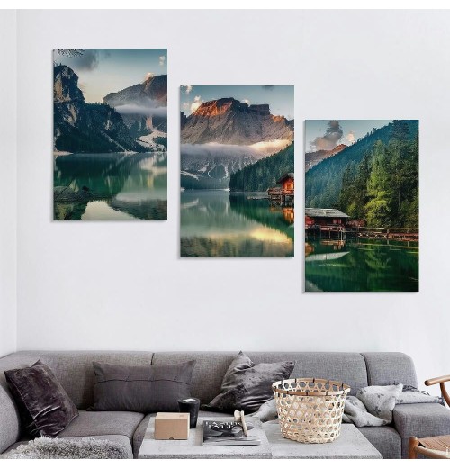 Green Lake Mountain Pictures Canvas Wall Art for Living room Bedroom Wall Decor, Mountain Wall Art Print Paitnings for home Decor,Morden Artwork House in the lake Landscape Canvas Art