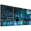 Wall Art Canvas Painting Black White and Blue New York Brooklyn Bridge Cityscape Night Building Picture Poster Print Framed for Living Room Bedroom Kitchen Office Home Decor