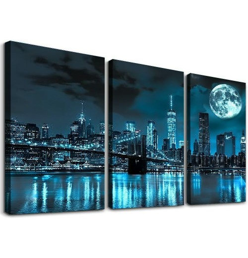 Wall Art Canvas Painting Black White and Blue New York Brooklyn Bridge Cityscape Night Building Picture Poster Print Framed for Living Room Bedroom Kitchen Office Home Decor