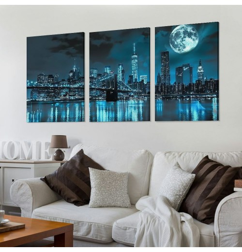 Wall Art Canvas Painting Black White and Blue New York Brooklyn Bridge Cityscape Night Building Picture Poster Print Framed for Living Room Bedroom Kitchen Office Home Decor