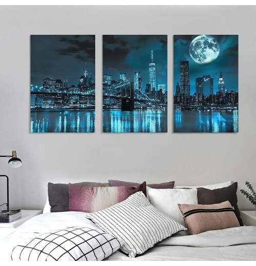 Wall Art Canvas Painting Black White and Blue New York Brooklyn Bridge Cityscape Night Building Picture Poster Print Framed for Living Room Bedroom Kitchen Office Home Decor