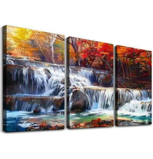 Wall Art Canvas Painting Red Forest Waterfalls Modern Landscape Tree Picture Poster Print Framed and Stretched Ready to Hang for Living Room Bedroom Kitchen Office Home Decor