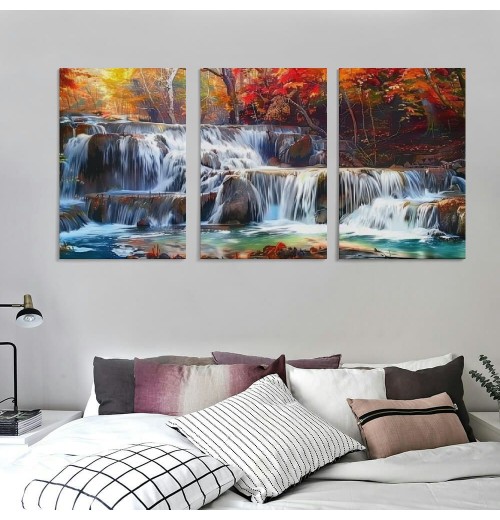 Wall Art Canvas Painting Red Forest Waterfalls Modern Landscape Tree Picture Poster Print Framed and Stretched Ready to Hang for Living Room Bedroom Kitchen Office Home Decor