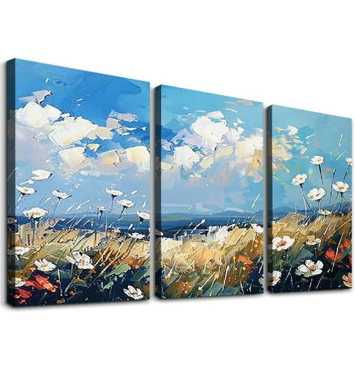 Flower Canvas Wall Art Daisy Floral Canvas Print Picture Landscape Daisy Blossom Canvas Artwork Landscape Canvas Painting for Living Room Bedroom Bathroom Office Home Decor