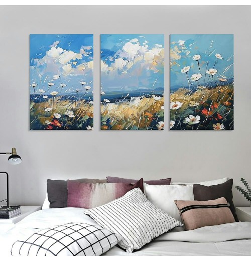 Flower Canvas Wall Art Daisy Floral Canvas Print Picture Landscape Daisy Blossom Canvas Artwork Landscape Canvas Painting for Living Room Bedroom Bathroom Office Home Decor