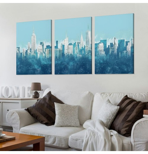 New York Wall Art - Abstract City Skyline Canvas Pictures for Living Room Bedroom Decor Aesthetic Artwork Teal Blue Navy Canvas Prints for Bedroom Home Office Wall Decor