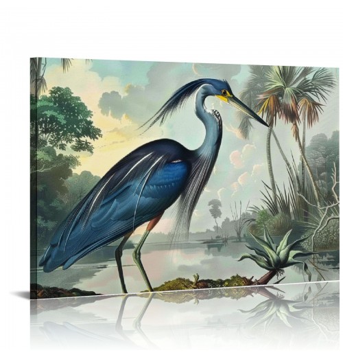 Blue Heron Wall Art Bird Poster Vintage Frame Canvas Painting Wall Art Heron Artwork Poster Picture Bedroom Wall Decor