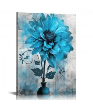 Abstract Flowers Wall Art Teal Flower Canvas Pictures Rustic Blossom Canvas Painting for Bedroom Bathroom Wall Decor Modern Teal Grey Canvas Prints Contemporary Botanical Wall Art