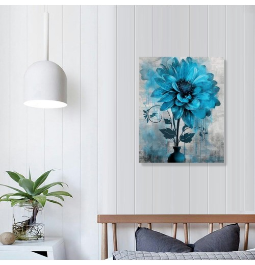 Abstract Flowers Wall Art Teal Flower Canvas Pictures Rustic Blossom Canvas Painting for Bedroom Bathroom Wall Decor Modern Teal Grey Canvas Prints Contemporary Botanical Wall Art