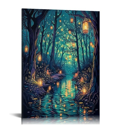 Halloween Fantasy Forest Canvas Wall Art, on Trees Blue Poster for Aesthetic, Picture Print Decor