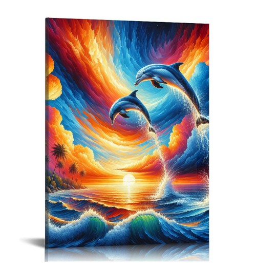 Dolphin Sunset Canvas Wall Art Animal Painting Art Decor Prints Picture of Dolphins Jumping Out of Water Framed Ready to Hang