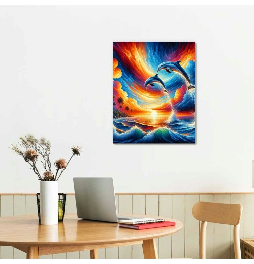 Dolphin Sunset Canvas Wall Art Animal Painting Art Decor Prints Picture of Dolphins Jumping Out of Water Framed Ready to Hang