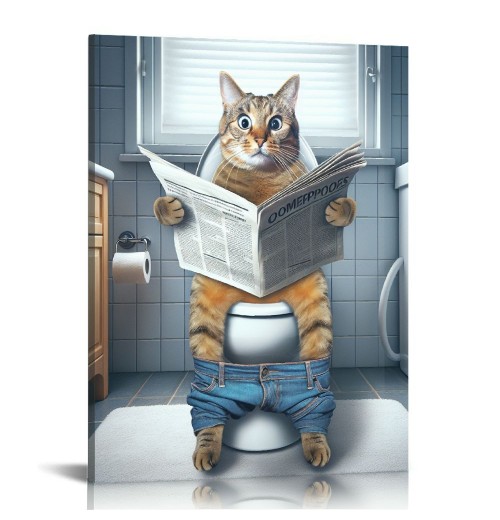 Cat Paintings Canvas Wall Art Modern Cat Bathroom Decor Posters Cat on Toilet Pictures Funny Animals Kids Bathroom Wall Decor For Living Room Bathroom Decoration