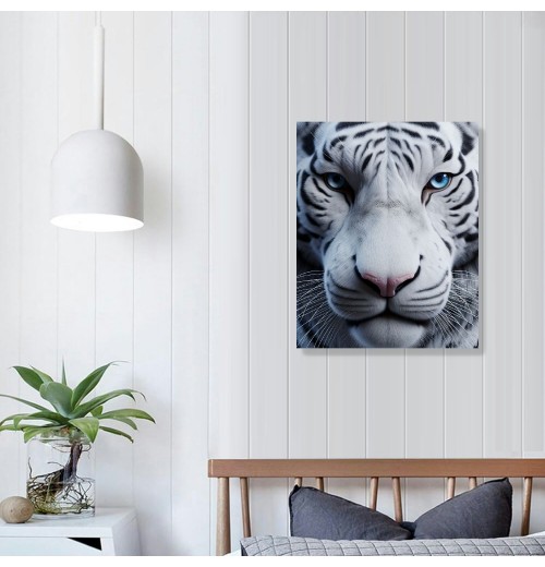 White Wall Art Wild Animal Portrait Picture Wall Decor Blue Eyed Tiger Prints on Canvas Posters Modern Home Decor for Living Room Kids Room Stretched and Framed Artwork