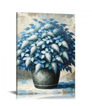 Blue Floral Canvas Wall Art for Living Room, Oil Painting Floral Artwork Modern Blue Flowers Picture Wall Decor Framed Bathroom Bedroom Home Office