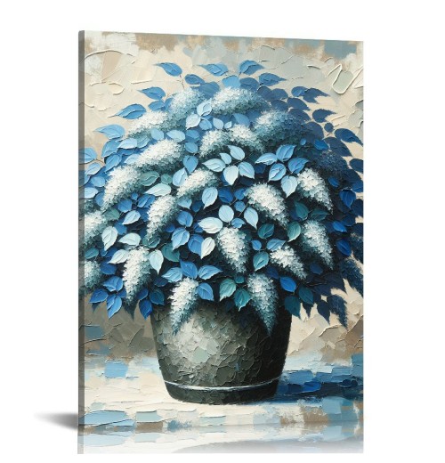 Blue Floral Canvas Wall Art for Living Room, Oil Painting Floral Artwork Modern Blue Flowers Picture Wall Decor Framed Bathroom Bedroom Home Office