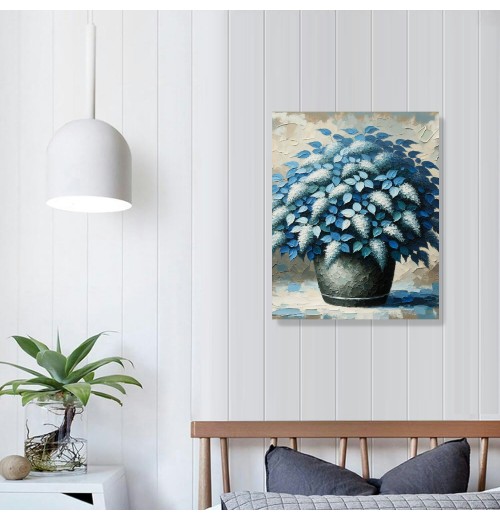 Blue Floral Canvas Wall Art for Living Room, Oil Painting Floral Artwork Modern Blue Flowers Picture Wall Decor Framed Bathroom Bedroom Home Office